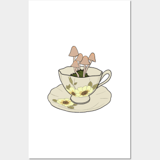 cottagecore mushrooms growing in pastel floral tea cup Posters and Art